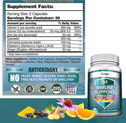 7 in 1 Immune Support Supplement with Vitamin C, Vitamin D3, Zinc 50mg, Quercetin, Echinacea Purpurea, Sambucus Elderberry and Ginger for Complete Immune Defense - 60 Capsules (12 Bottles)