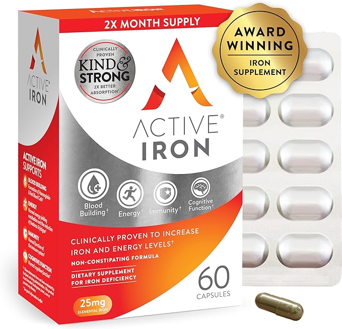 Active Iron High Potency Iron Supplement, Non-Constipating Gentle Iron Pills for Women & Men, 2X Better Absorption, Clinically Proven to Increase Iron & Energy Levels, 25mg (60 Capsules)