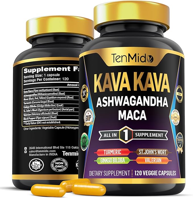 Kava Kava Root Supplement - 8in1 Formula - Combine with Ashwagandha, Maca, Turmeric, Ginkgo Biloba, St. John's Wort, Valerian & Black Pepper - 120 Vegan Capsules, 4 Months Supply