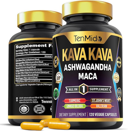 Kava Kava Root Supplement - 8in1 Formula - Combine with Ashwagandha, Maca, Turmeric, Ginkgo Biloba, St. John's Wort, Valerian & Black Pepper - 120 Vegan Capsules, 4 Months Supply