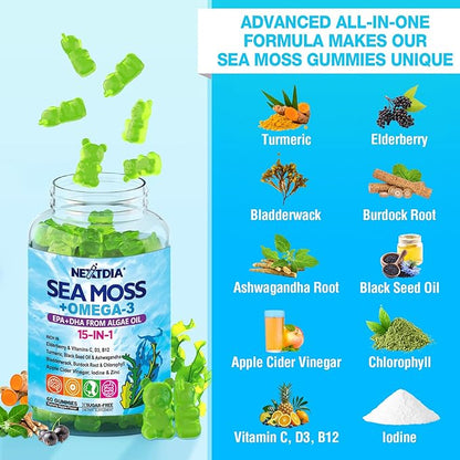 Sea Moss Gummies + Omega-3 Vegan for Man Women, Organic Irish Seamoss Supplement w/Ashwagandha, Turmeric, Elderberry, Vitamins D3 B12 C, Burdock Root, Bladderwrack, for Brain, Energy, Immunty, 120Cts