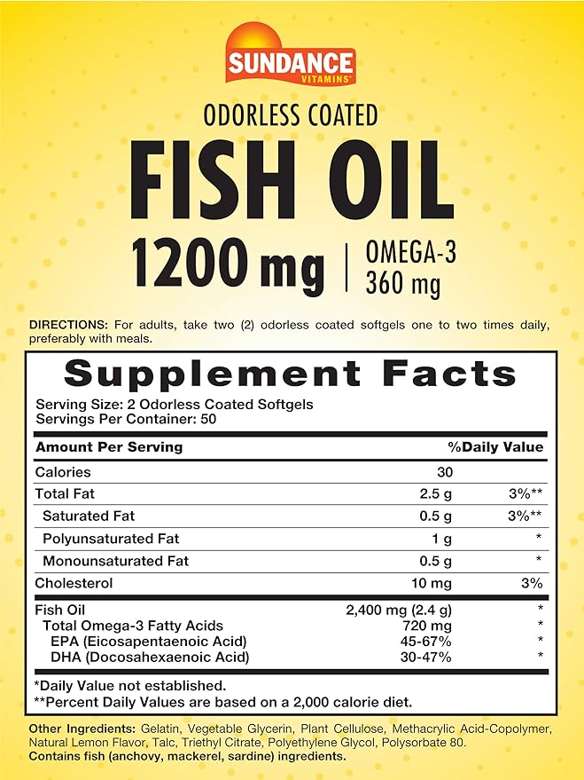 Sundance Odorless Fish Oil 1200mg | 100 Coated Softgels | Controls Fish Burps | Lemon Flavor | Non-GMO and Gluten Free Supplement.