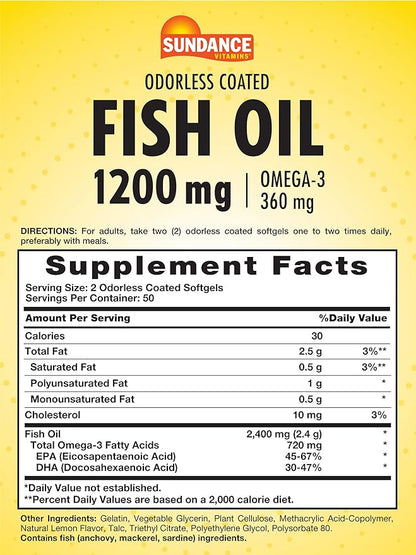Sundance Odorless Fish Oil 1200mg | 100 Coated Softgels | Controls Fish Burps | Lemon Flavor | Non-GMO and Gluten Free Supplement.