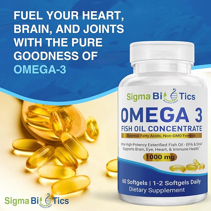Sigma Biotics Omega 3 Fish Oil 1000mg - Supplements with High EPA & DHA Concentration for Heart, Brain & Joint Health - Non-GMO, Purity-Tested Fish Oil Supplements - 60 Softgels
