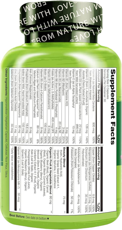 NATURELO Whole Food Multivitamin with Extra Hair, Skin & Nails Support - Beauty Blend with Hyaluronic Acid & Grape Seed - High Potency Biotin, Vitamin C, & Glutathione, 60 Vegan Capsules (Pack of 2)