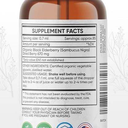 Elderberry Tincture – Organic Elderberry Extract Liquid Drops – Sambucus Herbal Supplement – Immune Support – Elderflower & Elderberry Blend – Alcohol-Free, 2 fl oz
