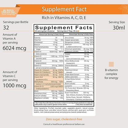 Buried Treasure VM100 Complete Daily Liquid Vitamins and Minerals plus Antioxidants Supplement for Maximum Absorption Great Tasting Orange Zest Flavor 32 Servings 32 Ounce