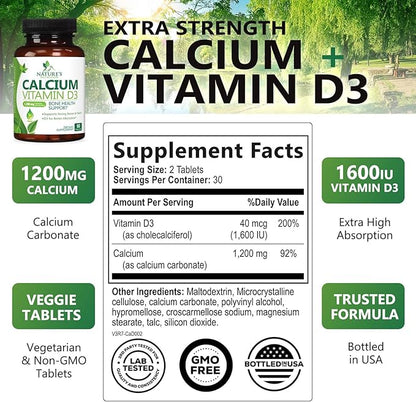 Calcium Supplement with Vitamin D - 1200 mg Calcium Carbonate with 1600 IU of D3 Vitamins - Supports Bone Strength, Teeth & Immune System - Natural & Easily Absorbable for Women & Men - 60 Tablets