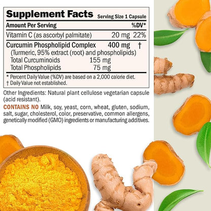 ANDREW LESSMAN Turmeric 400mg - 60 Capsules - 95% Curcuminoids as Phospholipid Complex for Optimum Benefits and Absorption, High Potency Standardized Extract, Small Easy to Swallow Capsules