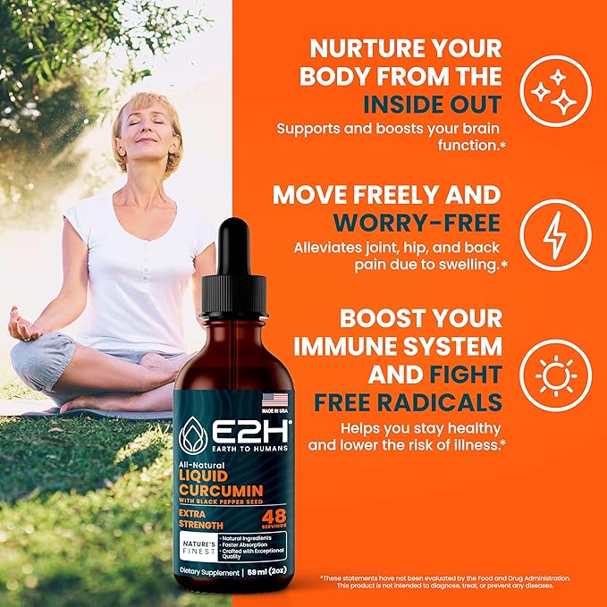 E2H Liquid Turmeric Curcumin for Better Absortion - Natural Joint Support - Turmeric Root Extract with Black Pepper Seed - Boost Your Health - Vegan - Non-GMO - 2 Fl Oz