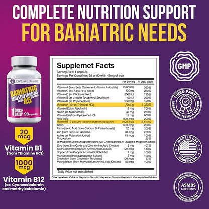 ProCare Health Bariatric Multivitamin with Iron 45mg (90 Easy to Swallow Capsules) - Post Op Bariatric Vitamins for Gastric Bypass Pills for Sleeve Patients, Sustain Recovery & Energy (3 Month Supply)