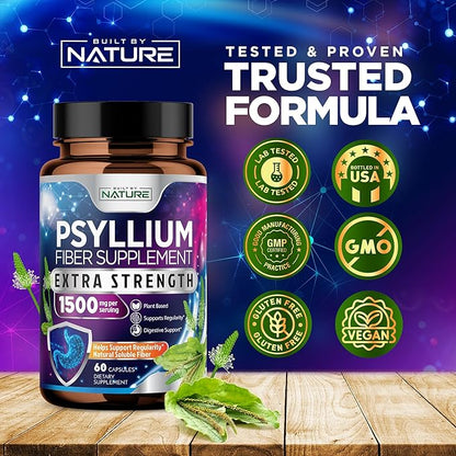 Psyllium Husk Capsules 1500mg - Fiber Supplement - Natural Soluble Fiber Pills with Psyllium Husk Powder - Supports Digestive Gut and Colon Health - Non-GMO, Gluten-Free, Vegan - 60 Capsules