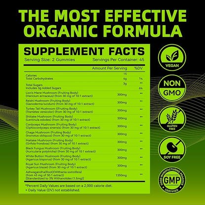 Mushroom Gummies - 10x Mushroom Supplement with Ashwagandha and Lions Mane (90 Chews) Nootropic Brain Supplement, Immune Support & Stress Relief-Fruit Flavor