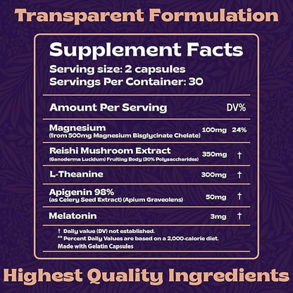 Natural Sleep Aid with Magnesium Glycinate 500mg Reishi Mushroom 350mg L-Theanine 300mg Apigenin 50mg Melatonin 3mg - Magnesium Sleep Supplement for Deep Sleep, Sleep Support - 60 Capsules Made in USA