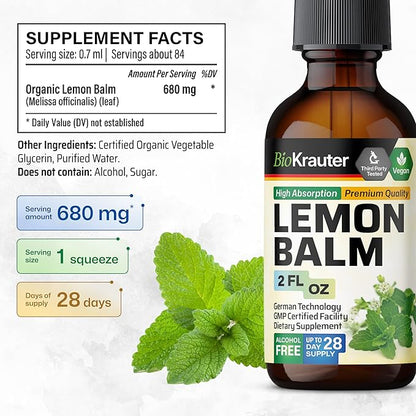 BIO KRAUTER Lemon Balm Leaf Extract - Vegan Melissa Lemon Balm Tincture for Calmness Support - Sugar & Alcohol-Free - 2 Fl. Oz.