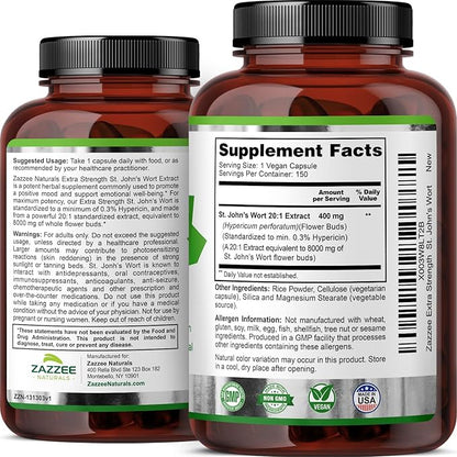 Zazzee Extra Strength St. John’s Wort 20:1 Extract, 8000 mg Strength, 0.3% Hypericin, 150 Vegan Capsules, 5 Month Supply, Concentrated, Standardized 20X Extract, 100% Vegetarian, Non-GMO, All-Natural