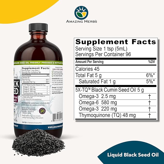 Amazing Herbs Premium Black Seed Oil - Gluten Free, Non GMO, Cold Pressed Nigella Sativa Aids in Digestive Health, Immune Support, Brain Function - 16 Fl Oz (Pack of 2)
