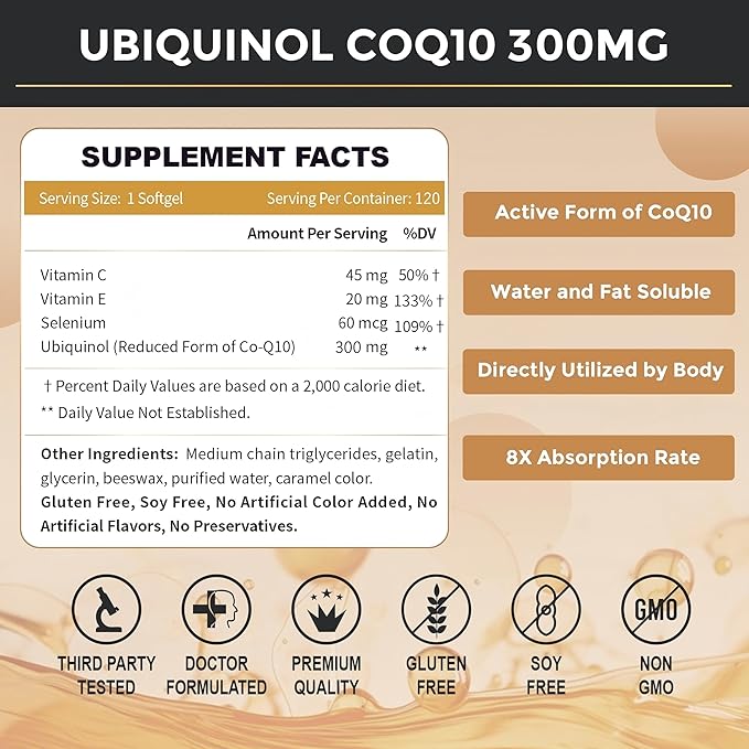 ZEBORA Ubiquinol CoQ10 300mg Softgels, 4-in-1 Powerful Antioxidant for Heart and Vascular Health, Essential for Energy Production, Max Absorption Active Form of CoQ10, 120 Softgels