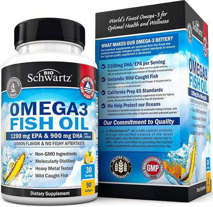 Triple Strength Omega 3 Fish Oil Supplement - 2250mg EPA DHA Omega 3 Fatty Acids from Fresh Wild Caught Fish, Burpless Lemon Flavor Formula Supports Eye Health and More, Gluten Free, 90 Softgels