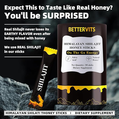 Shilajit Honey Sticks- 30 Sticks Himalayan Shilajit Honey Sticks Organic Honey & Saffron for Energy,Strength & Cognitive Support for Men & Women