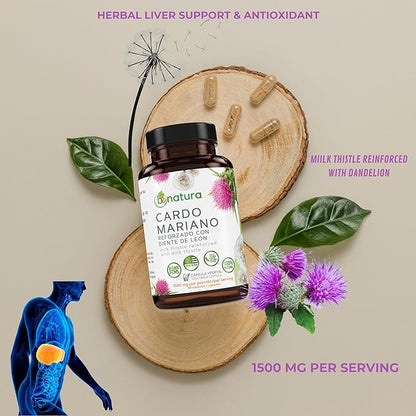 Cardo Mariano reforzado con diente Leon (Milk Thistle Reinforced with Milk Thistle) 90 Vegetable Capsule 1500 mg per Serving, Root Liver Health Support, Antioxidant Support, 100% Natural, Made in USA