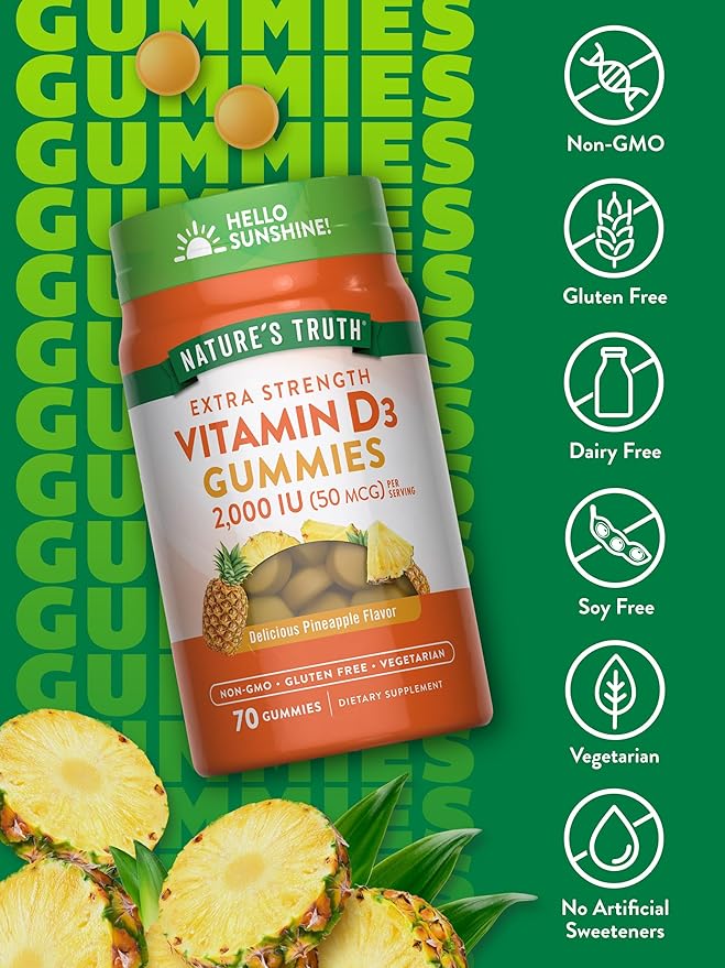 Nature's Truth Vitamin D3 Gummies | 2000 IU | 70 Count | Pineapple Flavor | Vegetarian, Non-GMO and Gluten Free Supplement