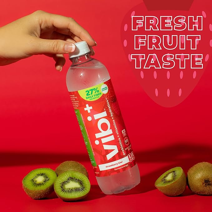Vibi+ Strawberry Kiwi Prebiotic Water - Digestive Health Support - Sugar Free High Fiber Flavored Drink - Keto, Vegan, Healthy, Low Carb - 16.9 fl oz - Pack of 12