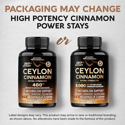 Ceylon Cinnamon Capsules - Extra Strength - Energy, Heart & Metabolism Support - for Men & Women - Pure Natural Extract 20:1 Supplement - Made in USA - GMO & Gluten Free, 60 Capsules, 2 Month Supply