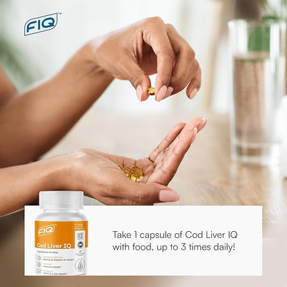 FIQ - Cod Liver IQ - Cod Liver Oil Softgels - Natural Source of Vitamins A & D and Omega-3 Fatty Acids - Heart, Liver & Immune Health - 100 Softgels