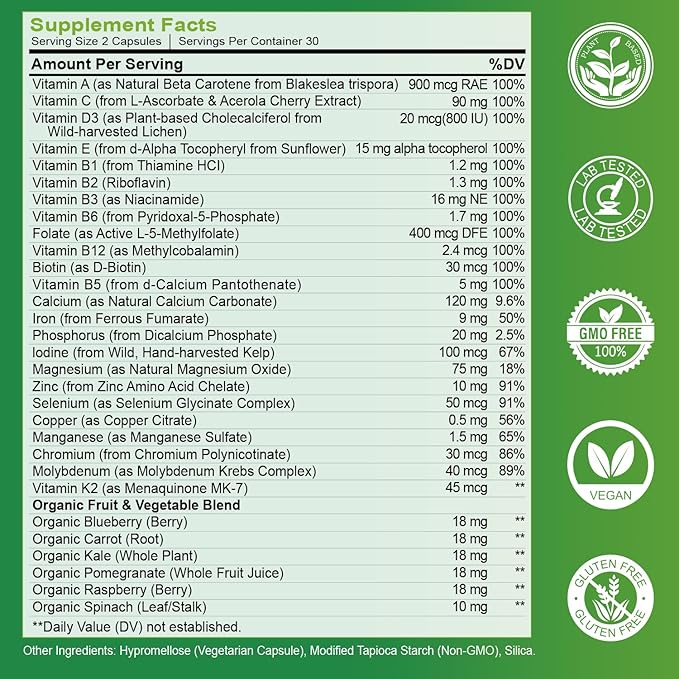 Multivitamin for Women 50 and Over, Whole Food Multivitamins Minerals Organic Extracts Women's 50+ Multivitamin for Energy Support, Nourish Hair, Skin, Nails Health, 60 Capsules