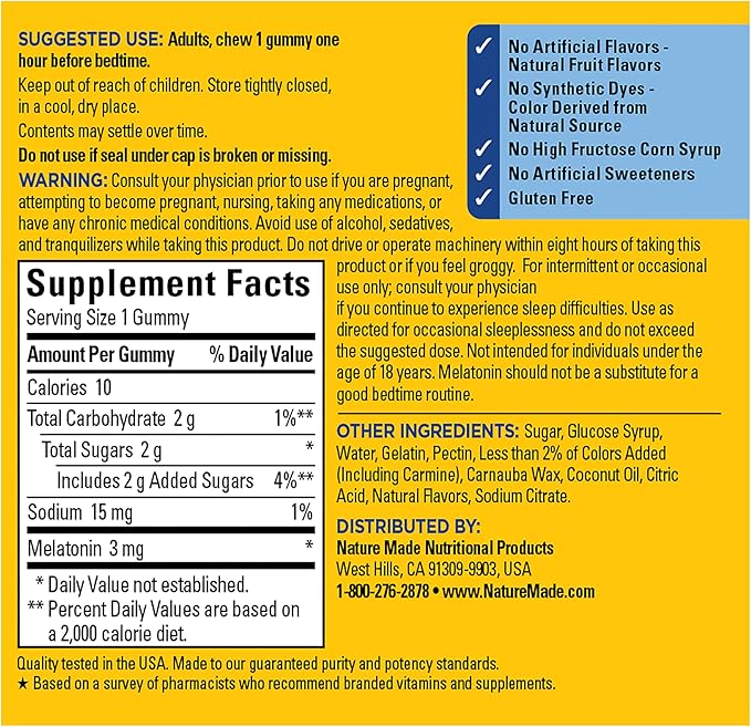 Nature Made Time Release Melatonin 3mg Gummies, 100% Drug Free Sleep Aid for Adults, 60 Melatonin Gummies, 60 Day Supply