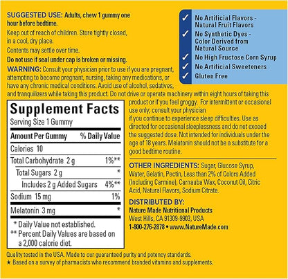 Nature Made Time Release Melatonin 3mg Gummies, 100% Drug Free Sleep Aid for Adults, 60 Melatonin Gummies, 60 Day Supply
