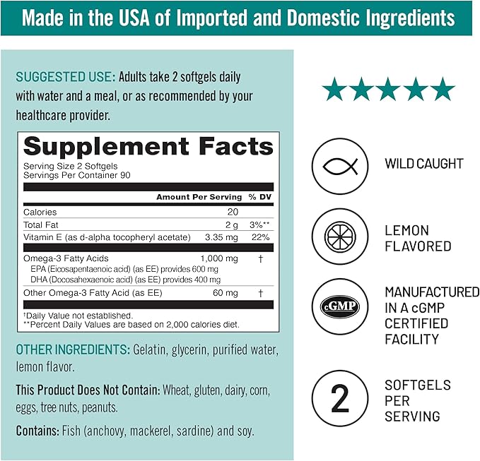 NatureWise Extra-Strength Omega 3 Fish Oil Supplement - 1000mg per Serving - 600 EPA & 400 DHA and Vitamin E - Support for Heart & Brain Health - Lemon Flavor, GMO-Free - 180 Softgels[3-Month Supply]