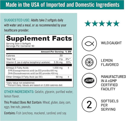 NatureWise Extra-Strength Omega 3 Fish Oil Supplement - 1000mg per Serving - 600 EPA & 400 DHA and Vitamin E - Support for Heart & Brain Health - Lemon Flavor, GMO-Free - 180 Softgels[3-Month Supply]