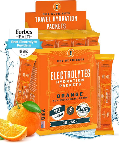 KEY NUTRIENTS Multivitamin Electrolytes Powder Packets - Tangy Orange Post Workout and Recovery 20 Pack Hydration Packets - Travel Hydration Powder - No Sugar, No Calories