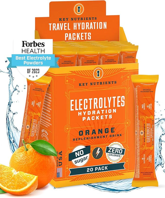 KEY NUTRIENTS Multivitamin Electrolytes Powder Packets - Tangy Orange Post Workout and Recovery 20 Pack Hydration Packets - Travel Hydration Powder - No Sugar, No Calories