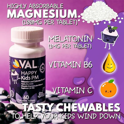 VAL Sugar-Free Calm Magnesium for Kids PM Chewable Tablets | Magnesium Glycinate, Citrate & Taurate | Melatonin & Vitamins B6 & C | Bedtime Support | Non-GMO | Blueberry Yogurt Flavor | 60 Count