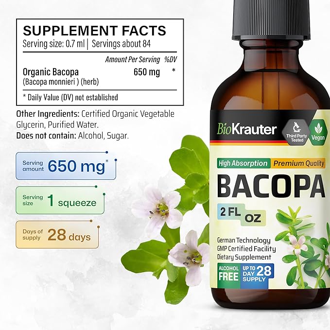BIO KRAUTER Bacopa Monnieri Drops - Brain Support Brahmi Supplements - Liquid Bacopa Supplements - Alcohol & Sugar Free - Vegan 2 Fl.Oz.