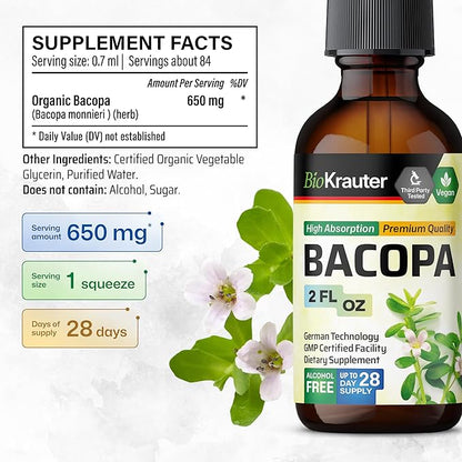 BIO KRAUTER Bacopa Monnieri Drops - Brain Support Brahmi Supplements - Liquid Bacopa Supplements - Alcohol & Sugar Free - Vegan 2 Fl.Oz.