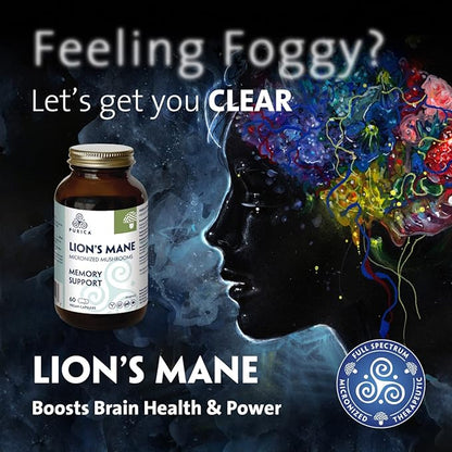 PURICA - Lion's Mane Micronized Mushrooms, 60 Vegan Capsules - Promotes Cognitive Health - Focus and Memory Support
