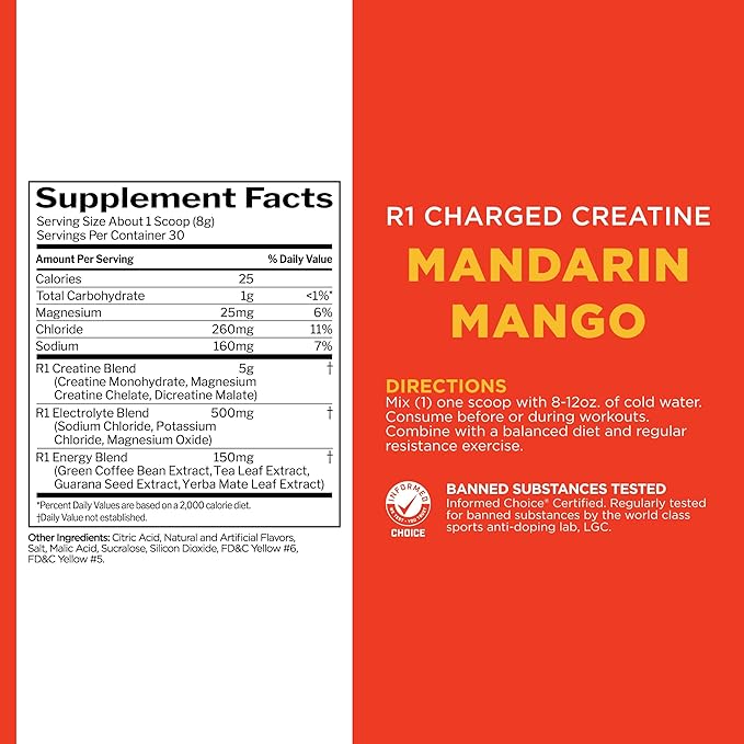 Rule 1 Charged Creatine - Multi-Function Workout Supplement with Creatine, Electrolyte, and Energy Blends for Intensity, Performance, & Hydration Support (30 Servings, Mandarin Mango)