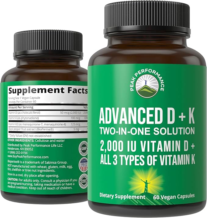 Peak Performance Advanced Vitamin D 2000 IU with All 3 Types of Vitamin K Vitamin D3 and Vitamin K2, K1, MK-7 (MK7), MK4 Supplements. 60 Small and Easy to Swallow Vegetable Pills (2000 IU)
