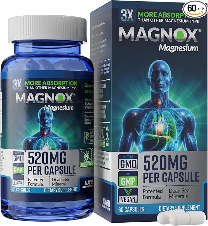 MAGNOX® 520 | Magnesium Supplement 520mg of High Absorption Magnesium for Men & Women with Dead Sea Minerals | 3X More Absorption | Patented Formula | Fast Sleep & Muscle Pain Relief (60 Vegan Caps)
