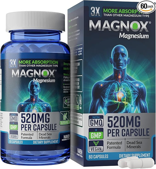 MAGNOX® 520 | Magnesium Supplement 520mg of High Absorption Magnesium for Men & Women with Dead Sea Minerals | 3X More Absorption | Patented Formula | Fast Sleep & Muscle Pain Relief (60 Vegan Caps)