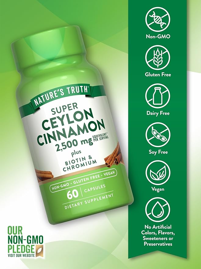 Nature's Truth Ceylon Cinnamon Capsules | 2500mg | plus Chromium and Biotin | 60 Count | Vegan, Non-GMO & Gluten Free Supplement