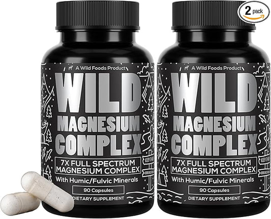 Wild Foods Magnesium Complex Supplement with 7X Forms | High Absorption, Full Spectrum, Easy Digestion | 500mg Glycinate, Bisglycinate, Malate, Orotate, Citrate, Taurate | 90 Capsule (Pack of 2)