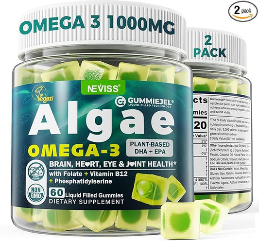 Vegan Omega 3 Gummies 1000mg w/MethylFolate, Vitamin B12, Omega 3 Fish Oil Alternative for Adults, Plant Based DHA 460mg & EPA 230mg for Brain, Mobility, Eye & Immune, Sustainable, Sugar Free, 120 Cts