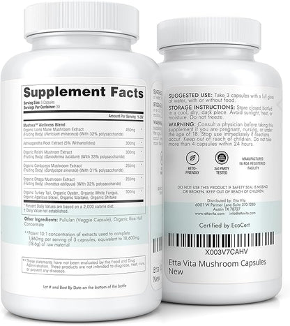 USDA Organic Lions Mane Supplement Capsules with Ashwagandha, Chaga, Reishi, Cordyceps, Turkey Tail (18,600mg/serv) 10x Adaptogenic Mushroom Complex as Focus Supplement - Energy, Immunity & Nootropic