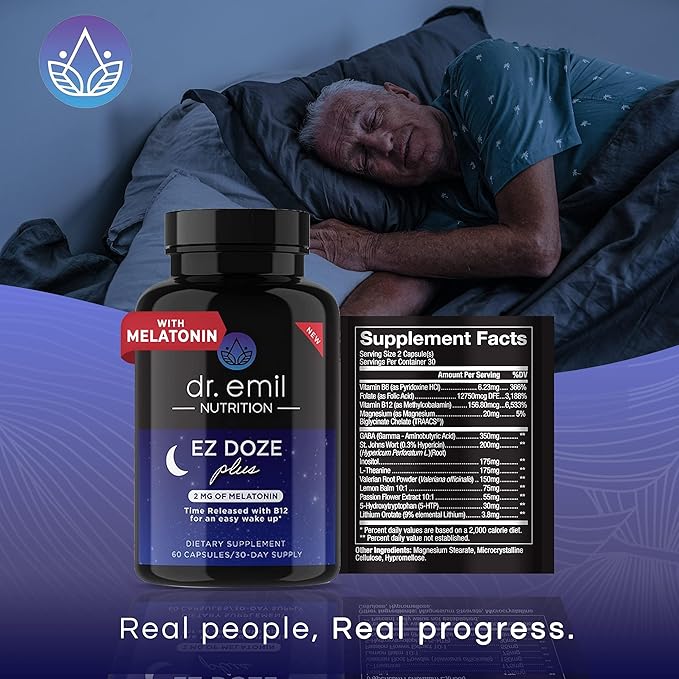DR. EMIL NUTRITION EZ Doze Melatonin-Free Natural Sleep Aid with L-Theanine, GABA & 5HTP - Extra Strength Sleeping Pills for Adults - Safe and Non-Habit Forming (60 Veggie Capsules)