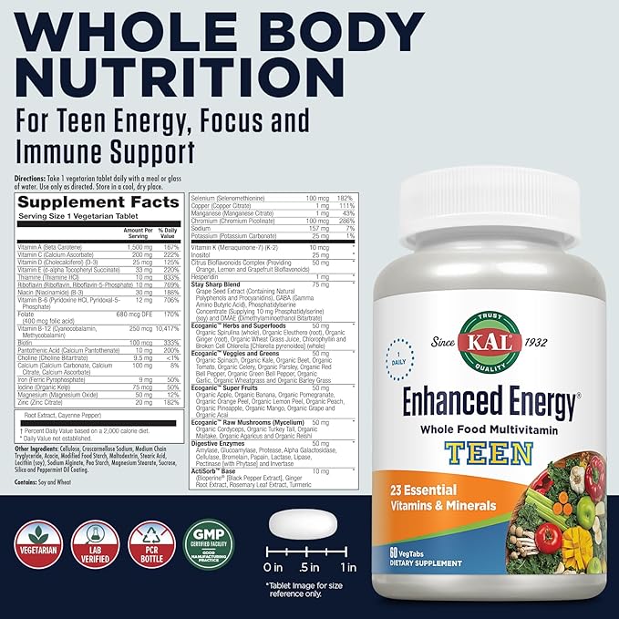 Kal Enhanced Energy for Teens Tablets, 60 Count